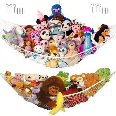 2Pcs Large Teddy Bear Hammock - Toy Storage Net Organiser For Stuffed Animals - Elastic Quality Wall Net For Soft Toys