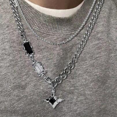 Mangxing Double-Layer Necklace Men's  Sweater Chain Light Luxury Niche Design Hip-Hop Style Couple Boys And Women's Collarbone Chain
