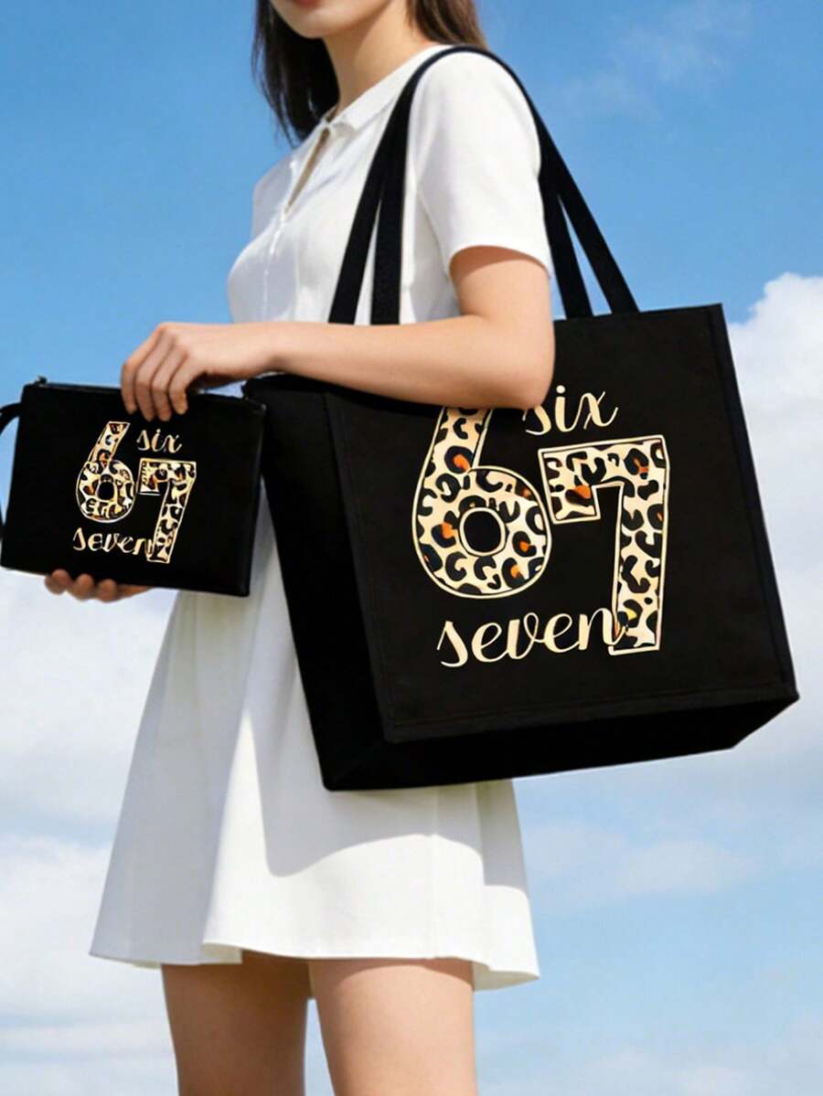 Túi xách nhẹ và túi đựng mỹ phẩm cùng màu, với số 67 và họa tiết da báo, hộp quà tặng cá nhân hóa, túi xách vải lanh đen, sự kết hợp giữa túi nhỏ và túi lớn, túi xách tay vải lanh dung tích lớn dành cho nữ. Ví kéo khóa di động dành cho nữ, túi đựng đồ vệ sinh cá nhân thời trang khi đi du lịch, túi đựng hộp cơm trưa, thích hợp cho đám cưới, mua sắm, du lịch, sinh nhật, là món quà hoàn hảo dành cho phụ nữ, mẹ, giáo viên, bạn bè, phù dâu, quà tặng ngày Valentine. - Nhiều màu - Xem 1