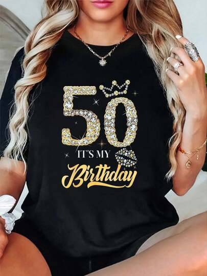 100% Cotton It's My 50th Birthday Diamond Shoes 50 Years Old Women T-Shirt Short Sleeve Round Neck Casual Top For Summer & Spring, Women's Men's Graphic Tee