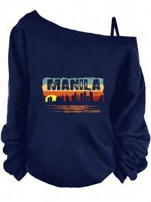 Summer Outfits For Women, Manila City Skyline Graphic Off Shoulder Sweatshirt, Vintage Sunset Design, Casual Streetwear,  Summer Tops-Holiday Outfits For Women, Theme Graphic Tees, Festival Wear, Fun Party - 藏蓝色 - 查看 1