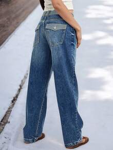 Women's Vintage Mid-Rise Straight Jeans Casual Patchwork Loose Jeans Back Pocket Flap Jeans - Rửa trung bình - Xem 2