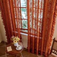 Green Sheer Curtains 108 Inch Long Living Room - Shabby Chic Floral Ruffled Curtains, Elegant Knitted Privacy Rod Pocket, Emerald Green, Spring/Summer, 1 Pair, 59 X 108 Inch - 焦橙色 - 查看 5