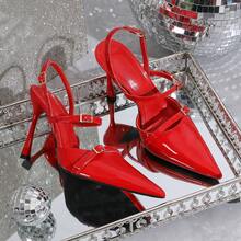 Sapatos de salto alto pretos, elegantes e confortáveis, com bico fino e múltiplas fivelas, ideais para festas, banquetes, férias e saídas noturnas. São perfeitos para ocasiões como festas, banquetes, eventos e eventos noturnos. Um modelo versátil e estiloso. - Vermelho - Ver 6