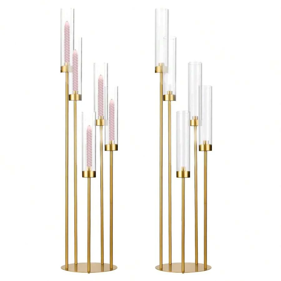 2pcs Gold Candle Holder,39.4'' Tall Candelabra For Wedding Tables Centerpieces,Gold Candlesticks Holder With Acrylic Lampshade For Birthday Party Housewarming Gift Fireplace Dinner Decor Fit 0.98'' LED Candle - 金子 - 查看 1