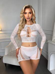 性感内衣，女士连体网纱连体裤，透视连体裤，紧身睡衣 - 白色 - 查看 5