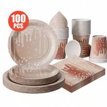 1 Set Brown Diamond Teardrop Disposable Plates, Napkins, Cups, Suitable For 25 Guests, Disposable Paper Plates Party Supplies For Birthday, Wedding, Theme Party, Family Picnic - Multicolor - View 1