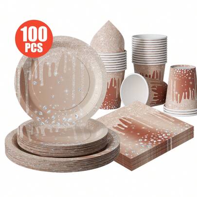 1 set bruna diamantformade engångstallrikar, servetter, koppar, lämplig för 25 gäster, engångstallrikar av papper, festtillbehör för födelsedag, bröllop, temafest, familjepicknick