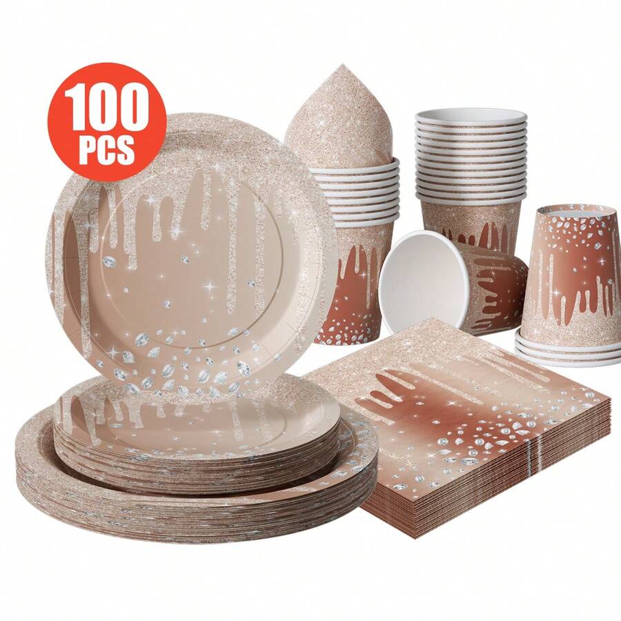 1 Set Brown Diamond Teardrop Disposable Plates, Napkins, Cups, Suitable For 25 Guests, Disposable Paper Plates Party Supplies For Birthday, Wedding, Theme Party, Family Picnic - Multicolor - View 1