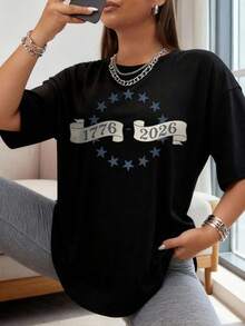 Everyday Plus Size Style, 4th Of July Patriotic Shirt, Vintage Star & Ribbon Graphic Tee, Independence Day Gift, USA 250 Shirt, Celebrate 250th Anniversary Shirt, Semiquincentennial Shirt, Patriotic Gift,Made To Highlight Curves In A Smooth, Comfortable, And Confidence-Boosting Way - 黑色 - 查看 1