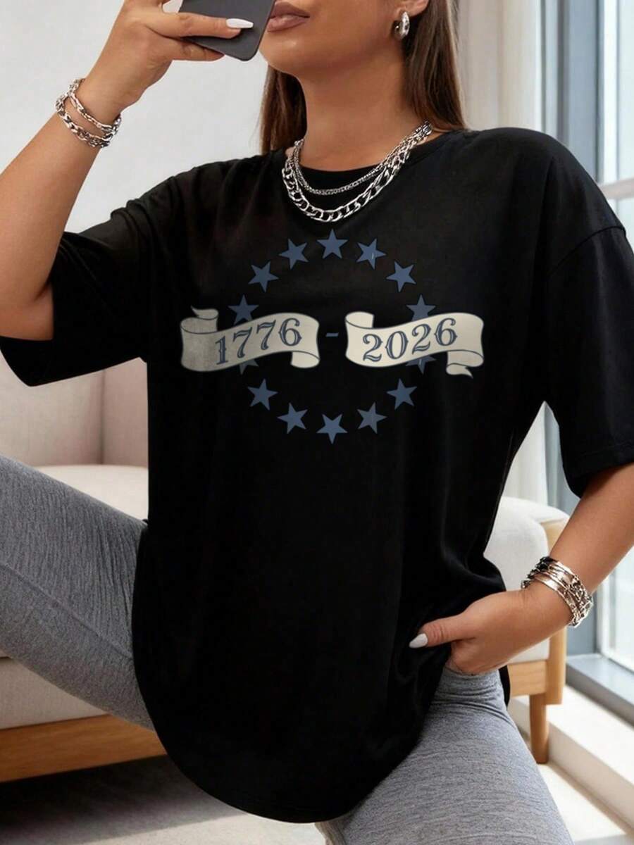 Everyday Plus Size Style, 4th Of July Patriotic Shirt, Vintage Star & Ribbon Graphic Tee, Independence Day Gift, USA 250 Shirt, Celebrate 250th Anniversary Shirt, Semiquincentennial Shirt, Patriotic Gift,Made To Highlight Curves In A Smooth, Comfortable, And Confidence-Boosting Way - 黑色 - 查看 1