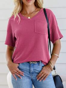 CILKOO 女士宽松扭结口袋V领休闲短袖T恤，春夏款 - 玫紅色 - 查看 6