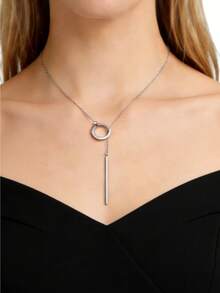 Adjustable Silver Circle & Bar Pendant Necklace, Minimalist Metal Design, Suitable For Daily Wear, Commute, Date, Party