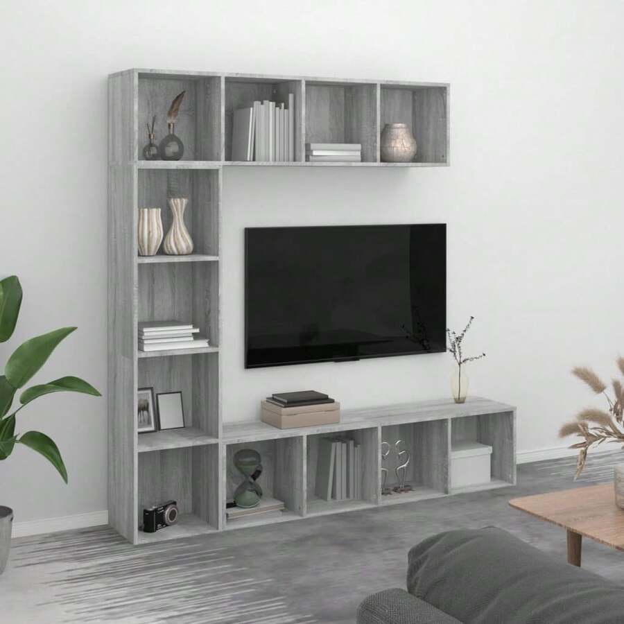 vidaXL Ensemble bibliothèque/meuble TV 3 pcs Sonoma gris 180x30x180 cm - Gris - Voir 1