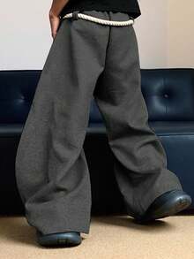 Men's Grey Thick Rope Drawstring Loose Wide Leg Casual Pants - Dark Grey - View 4