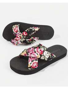 女士印花沙滩拖鞋，交叉绑带凉鞋，适合沙滩、度假、户外活动，四季皆宜