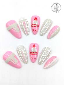 10 Stücke reine handgepresste tragbare Nägel, 25mm lange mandelförmige Nägel, rosa Nägel, weiße Nägel, rosa und weiße fluoreszierender Schalkragen Form, grau und rot Pullover Form, erhöhte weiße Linie Form. Süßer Nagel Film, Winter Nagel Film. Geeignet für tägliche Lässig Urlaub, Bankette, Partys, Shows und andere Aktivitäten. Nägel Nagel Zubehör - Verschiedenfarbig - Übersicht 1