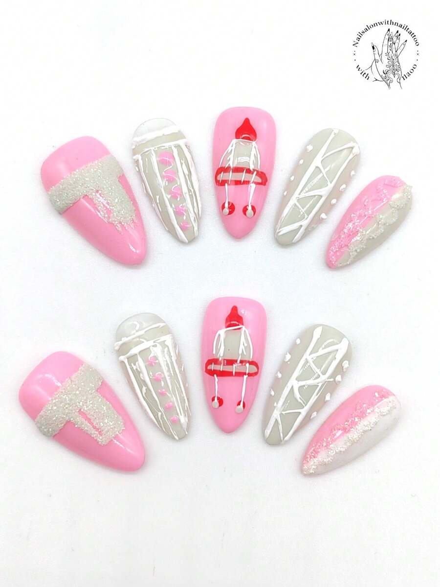 10 Stücke reine handgepresste tragbare Nägel, 25mm lange mandelförmige Nägel, rosa Nägel, weiße Nägel, rosa und weiße fluoreszierender Schalkragen Form, grau und rot Pullover Form, erhöhte weiße Linie Form. Süßer Nagel Film, Winter Nagel Film. Geeignet für tägliche Lässig Urlaub, Bankette, Partys, Shows und andere Aktivitäten. Nägel Nagel Zubehör - Verschiedenfarbig - Übersicht 1