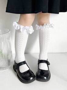 1 đôi tất lưới cao đến đầu gối cho bé gái, có viền ren và khoét lỗ, thích hợp làm tất đồng phục học sinh cho bé sơ sinh và trẻ nhỏ. - Nhiều màu - Xem 17