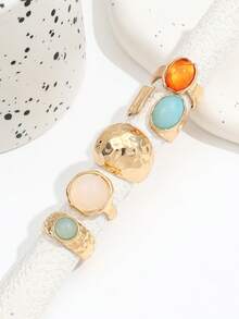 Juego de 5 anillos de estilo vintage europeo y americano de lujo con adornos de strass, set de anillos anchos de metal asimétricos, joyería para mujer - Amarillo Oro - Ver 2