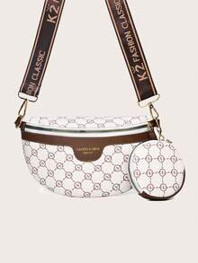 女士复古时尚别致小众单肩斜挎腋下宽肩带印花胸包 - 白色 - 查看 3