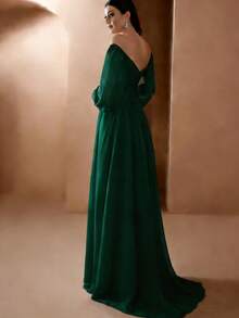 Đầm dự tiệc cưới, đầm cô dâu mùa xuân, màu trơn, hở vai, chất liệu lưới, thanh lịch dành cho nữ, thích hợp cho mùa xuân. - Màu xanh lá cây đậm - Xem 3