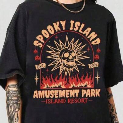 Spooky Island Amusement Park T-Shirt, Retro 2000s Halloween Movie Shirt, Disco Skull, Summer Spooky T-Shirt, 90s Nostalgia Halloween Tee For Halloween-Motion Tee Parent-Child Outfits Anime Merchandise Kids Clothes Girls Young Boys Shirts School Clothes For Teens Family Matching Outfits Juniors Girl Clothes Christmas Gift For Boys & Girls Christmas T-Shirt New Year's Gift