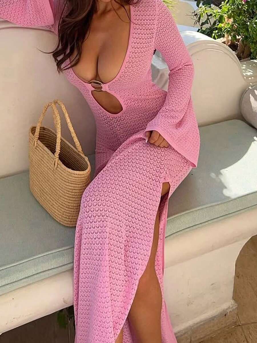 Women's Sexy Long Sleeve Knit Maxi Dress, Spring/Summer Beach Vacation Solid Color Crochet Long Sweater Dress, Bohemian Style Casual Elegant Deep V-Neck Sweater Dress - Pink - View 1