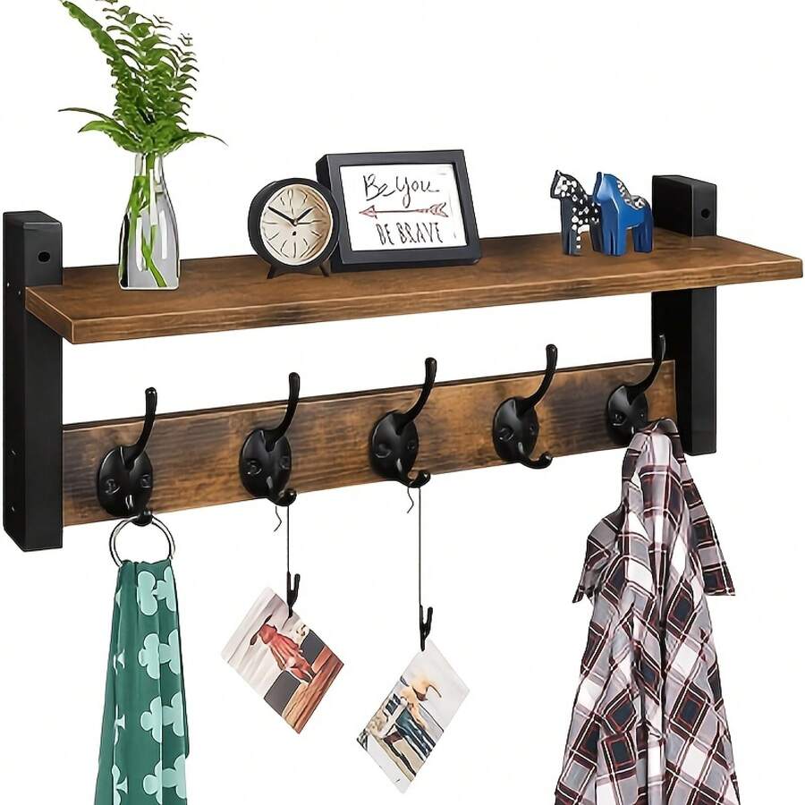 LOVEWE No-Assembly Industrial Perchero De Ropa - Wall-Mounted Towel Rack & Purse Rack, Sturdy Metal Rack For Clothes With Shelf For Hallway & Porch - 鏽棕色 - 查看 1