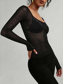 FLEXCHIC 弹力透视长袖圆领修身休闲上衣 - 黑色 - 查看 4