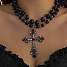 1pc Handmade Beaded Cross Pendant Necklace, Unisex Couples Style, Vintage European & American Fashion Versatile Short Necklace For Daily, Party - Double Layer Necklace - View 5