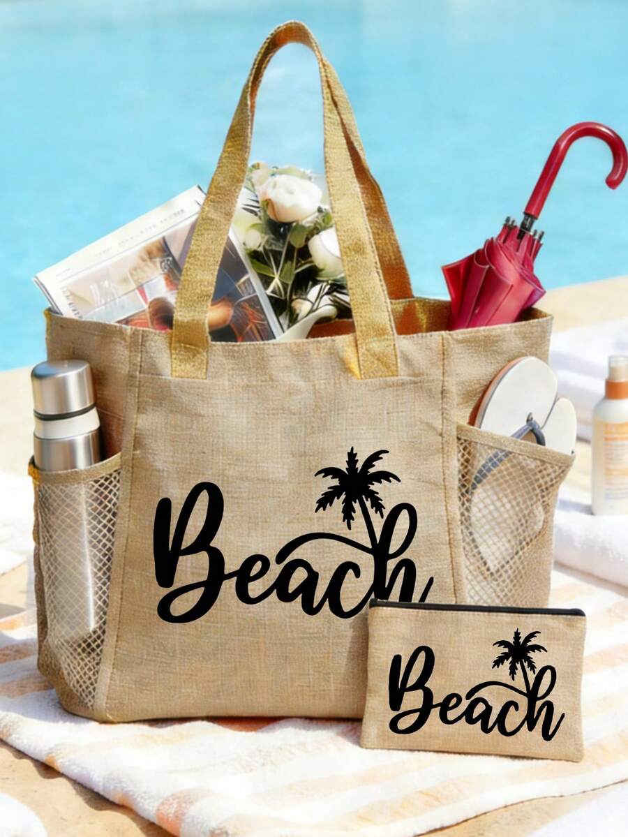 1 Set/2pcs Casual Style Oversized Beach Shoulder Bag & Handbag For Women | Printed 'beach' Tote Bag, Reusable Shopping Bag With Fixed Shoulder Straps, Portable Cosmetic Bag, Multi-Functional Beach Bag, Bathroom Storage Box | Perfect Gift For Family, Friends, Loved Ones | Ideal For Back To School, Graduation, Ramadan, Eid, Valentine's Day, Christmas, Thanksgiving - Multicolor - View 1