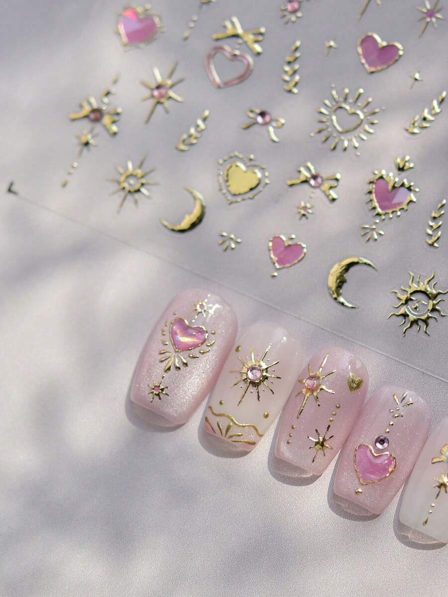 1pc Gold Totem Pink Heart Nail Art Stickers, Aurora Holographic Nail Decals, For Nail Art Design, Rhinestones, 5D Self-Adhesive, Nail Accessories For Women, Aesthetic Nail Art - 彩色 - 查看 1