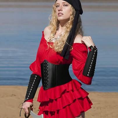 3pcs Medieval Viking Renaissance Corset & Bracers Costume Set For Women - Elastic Cinch Belt Waist Training Tortoise /Battle Price Matching Wrist Bracelets (Standard Size Medieval Knight Accessories For Cosplay, Parties)