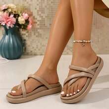 lunryet Women's Slide Sandals Comfortable Square Toe Beach Slip On Strappy Thong Flat Sandals SOFT-7 - khỏa thân - Xem 6
