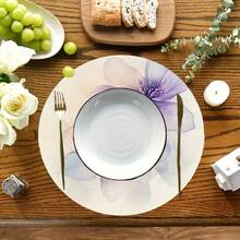 4-Piece Spring Round Tableware, Purple Flower And White Watercolor Illustration, 15inch , Easter Valentine's Day Mother's Day Family Party Kitchen Dining Decoration, Machine Washable, Polyester - 彩色 - 查看 6