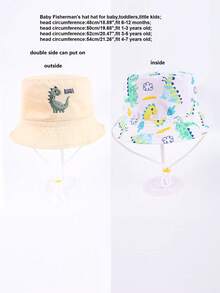 1顶儿童恐龙印花双面渔夫帽，男女通用，适合日常户外防晒 - 米色 - 查看 2