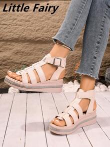 Sandálias Anabela com Decoração de Strass para Mulheres, Sapatos Abertos e Vazados com Zíper Traseiro na Moda, Sandálias de Verão Confortáveis para Uso Externo - Damasco - Visão 5