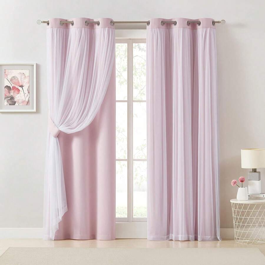 Beige 80% Blackout Curtains With Sheer Overlay, Double Layer Thermal Insulated Window Panels, 63 Inch, Living Room And Bedroom, Beige Drapes With Tiebacks, Grommet Top, 37 X 63 L X 2, Modern Home Decor - 粉色 - 查看 1