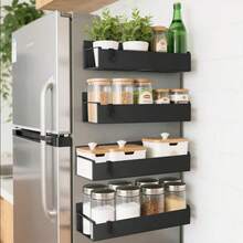 4件套磁性调料架，多功能磁性调料架，无需钻孔，强力磁性收纳架，高度可调节磁性整理架，适用于冰箱和洗衣机，厨房配件，咖啡吧配件，实用置物架 - 黑色 - 查看 2