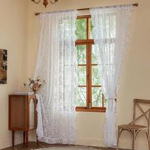 Green Sheer Curtains 108 Inch Long Living Room - Shabby Chic Floral Ruffled Curtains, Elegant Knitted Privacy Rod Pocket, Emerald Green, Spring/Summer, 1 Pair, 59 X 108 Inch - 白色 - 查看 9