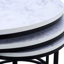 Modern Minimalist 3-Piece Nesting Side Table Set, Sofa Side Table, Living Room Center Coffee Table, Hotel Lobby Display Table, Reception Table, Multi-Purpose Storage Rack. White Marble-Patterned Wood Tabletop, Black Metal Frame, Can Be Stacked Or Placed Separately. - White Marbling - View 6