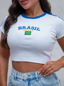Baby Look Blouse Brazil Embroidered Stars Ribbed World Cup 2026 Vibe Contrasting Waist Beach Vacation - 白色 - 查看 4