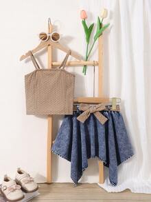 Bộ 2 món cho bé gái mùa hè: Áo không tay và chân váy denim bất đối xứng, trang phục thường ngày cho kỳ nghỉ. - Nhiều màu - Xem 1