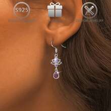 1 Pair 925 Sterling Silver Minimalist Design Cubic Zirconia Lotus Flower Drop Earrings For Women, Suitable For Casual, Holiday, Birthday, Valentine's Day Gift - Silver - View 5