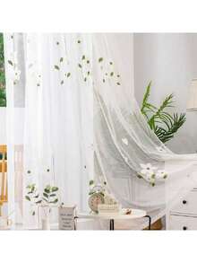 1件现代简约欧式白色玉兰花刺绣薄纱窗帘，适用于窗户、卧室、阳台 - 彩色 - 查看 11