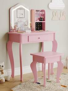Tocador Infantil con Espejo Iluminado, Mesa y Silla para Niñas, Set de Maquillaje en Color Rosa - Rosa - Ver 2