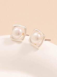 1 Pair Square Pearl Stud Earrings, Minimalist Unique Design, Versatile Earrings For Women - Silver - View 6