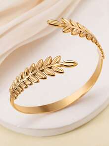 1pc Women's Bracelet, Summer Beach Wear Non-Fading 18K Gold Plated Stainless Steel Wheat Ear Open Cuff Bracelet, Daily Accessory Gift - Yellow Gold - View 5