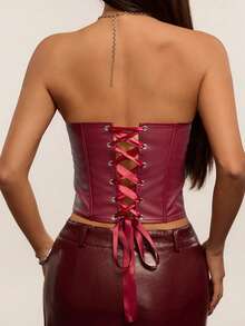 JSE INS 设计系带紧身塑形露脐胸衣，束身衣款式 - 酒紅色 - 查看 6